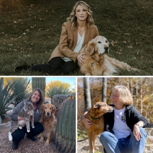 Top: Dr. Virginia Kiefer Corrigan, director of App State’s four-year online program in Veterinary Technology, with her dog Yogi, a 13-year-old golden retriever. Photo by Amy Gray, Silver Pebble Photography. Left: Jennifer Serling, CVT, BVSc, assistant director with her dog Daffy and her cat Marshall Meowthers at her home in Arizona. Photo submitted. Right: Mary Beth McKee, lead instructional designer with her dog Tremont. Photo submitted.